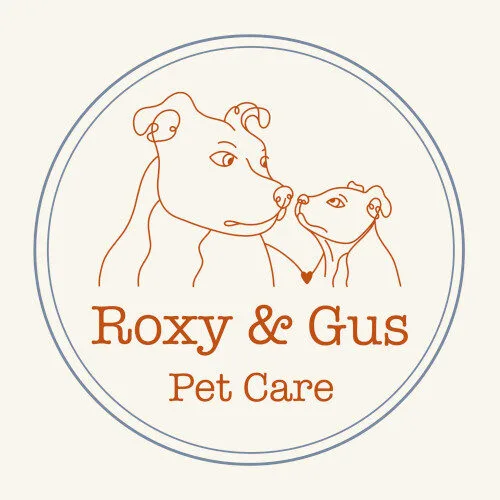 Two Staffordshire Bull Terriers above the words 'Roxy and Gus Pet Care'